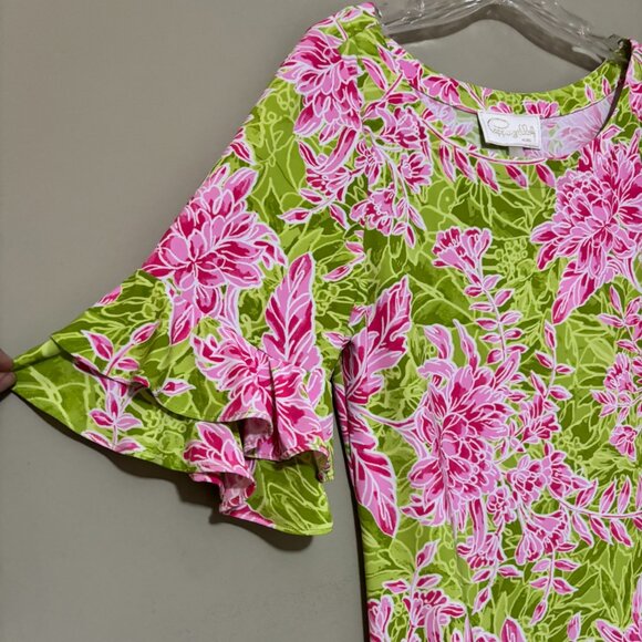 Cappagallo Pink Lime Green Erika Floral Print Ruffle Sleeve Dress Size S - Picture 3 of 4